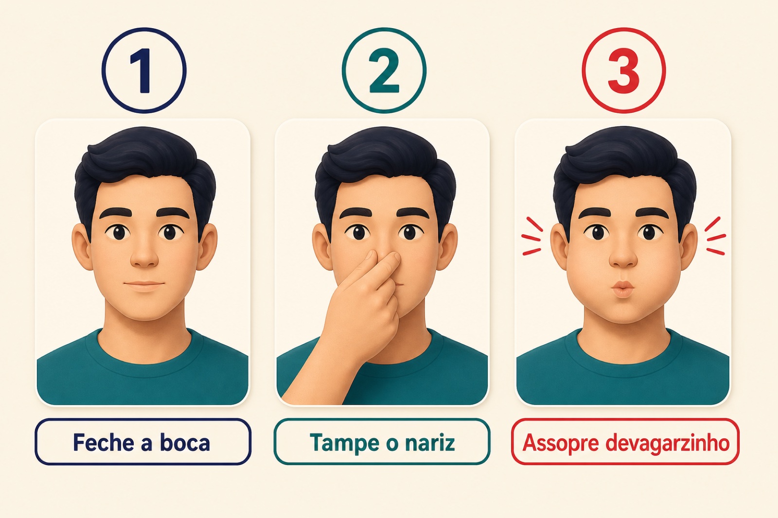 Infográfico da manobra de Valsalva em três passos: fechar a boca, tampar o nariz e assoprar devagarzinho até o ouvido estalar.